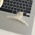 Elegant cream white acetate hair claw clip with marble texture and gold lettering - Large (12.5cm*4cm) / Pearl White