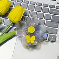Translucent acetate flower hair claw clip with yellow butterfly and rhinestone details - Transparent Gray Flower