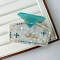 Elegant white acetate hair claw clip with sky blue rhinestones and gold accents - 8.5*5.5cm / Blue Diamond