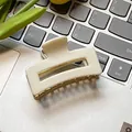 Minimalist square hollow cream hair claw clip with golden metal springs and teeth - Milky White 6cm