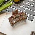 Rectangle tortoise shell marble hair claw clip with acetate finish and gold metal frame - Greenish Brown Floral 6cm