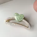 Korean style pearl white semicircular hair claw with green marble heart pattern - Green