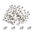 Flat round white acrylic bead with black letter U for DIY bracelet jewelry making - Letter U / 100 Pieces/Pack (4x7mm)