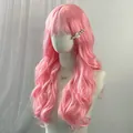 Detail of pink long wavy wig with bangs featuring a heart pearl clip accessory - Light Pink