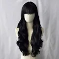 Long wavy black wig with neat bangs on a mannequin showing natural synthetic hair texture - Black