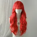 Vibrant bright red long wavy wig with flat bangs on a mannequin head, synthetic hair - Red