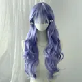 Long wavy lavender wig with bangs and cute silver butterfly clips on a mannequin - Haze Blue