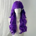 Long wavy purple wig with bangs and decorative silver bow clip for a stylish look - Purple