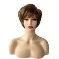 Front view of women's short brown synthetic wig with layered texture and natural bangs - Tan