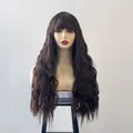 Longue perruque brune ondulée avec frange en fibres synthétiques naturelles et douces - Brun Foncé