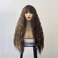 Perruque longue ondulée marron avec frange droite et boucles naturelles pour femmes - Fauve