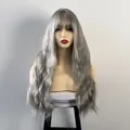 Long wavy silver gray wig with blunt bangs and voluminous heat resistant fiber texture - Silver Gray