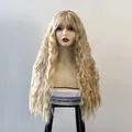Long wavy platinum blonde wig with neat bangs and voluminous water wave texture - Off White