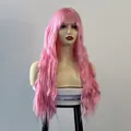 Long wavy wig with bangs in bright pink finish on a mannequin head stand - Light Pink