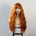 Long wavy ginger yellow synthetic wig with flat bangs on a white female mannequin head - Orange