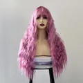 Long wavy pink purple wig with bangs and water wave texture for women - Lavender / Light Purple
