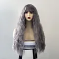 Silver grey long wavy wig with flat bangs on a white mannequin head for daily style - Dusty Blue