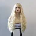 Long wavy lemon yellow synthetic wig with bangs and voluminous water wave texture - Light gold