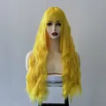 Long wavy lemon yellow wig with flat bangs, vibrant curly synthetic hair for cosplay and daily use - Lemon Yellow