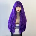 Long wavy deep purple wig with bangs, voluminous water wave synthetic hair style - Purple