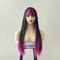 Vooraanzicht van lange zwarte pruik met roze highlights en rechte pony in Lolita-stijl - Zwart Ombre Rozerood
