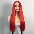 Vibrant long straight red wig with middle part style on a mannequin for women - Red