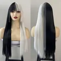 Front and back view of long straight black and white split wig with flat bangs on a model - Black and White