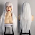 Detailed front and back views of long straight white wig with bangs and hime-cut style - Pure White