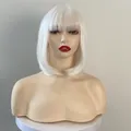 Front view of white short Bob wig with neat bangs on a female mannequin head - Pure White