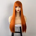 Long straight orange synthetic wig with neat bangs on a professional display head - Orange