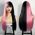 Long straight split black and pink wig with bangs for Halloween cosplay costume - Black and Light Pink