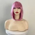 Detail of pink synthetic bob wig with neat bangs on a professional display mannequin head - Lavender / Light Purple