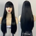 Detailed front and back view of long straight black Hime cut synthetic wig with bangs - Black