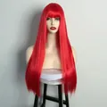 Detailed view of vibrant red long straight cosplay wig with bangs on a model - Red