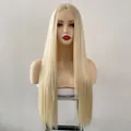 Front view of a 28-inch center-parted long straight platinum blonde synthetic wig - Light gold