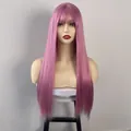 Detailed view of pink purple long straight wig with bangs on a model mannequin head - Lavender / Light Purple
