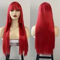 Long straight bright red anime wig with flat bangs and sleek synthetic hair fibers - Red
