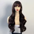 Long wavy dark brown synthetic wig with airy bangs on mannequin head for fashion styling - Dark Brown