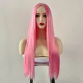 Detailed front view of long straight pink synthetic wig with middle part on a mannequin - Pink