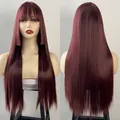 Front and back views of a burgundy Hime cut wig with straight hair and airy bangs - Burgundy