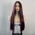 Front view of center part long straight wig in deep wine red on a display mannequin head - Burgundy