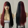 Detailed front and back view of long straight red and black split color Hime cut wig - Black & Wine Red