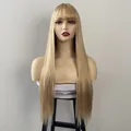 Detailed view of long straight platinum blonde wig with neat bangs on a mannequin - Off White