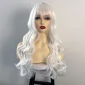 Close-up of 24-inch long wavy white synthetic hair wig with airy bangs on a model - Pure White