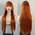 Copper orange Hime cut long straight wig with bangs, front and back view, smooth texture - Orange