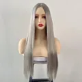 Front view of a long straight ash grey middle part wig displayed on a mannequin - Silver Gray