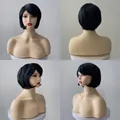 Four-sided view of a black synthetic bob wig with bangs on a female model head - Inward Curved Bob / Black