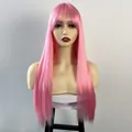 Detail of bright pink long straight wig with blunt bangs on a professional mannequin - Pink
