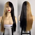Long straight split black and gold synthetic hair wig with bangs for Halloween COS - Black and Linen