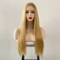 Detailed view of long straight honey blonde synthetic wig on a realistic mannequin head - Linen Yellow